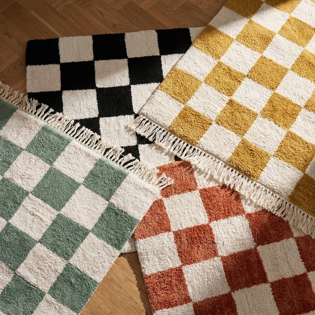 Checkerboard vloerkleed - Blox Fringe Okergeel
